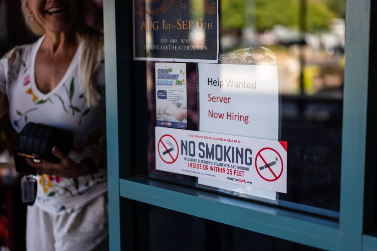 A sign reads “help wanted, server, now hiring” at a restaurant in St. George, Utah, on Sept. 15, 2025. (Madalina Kilroy/The Epoch Times)