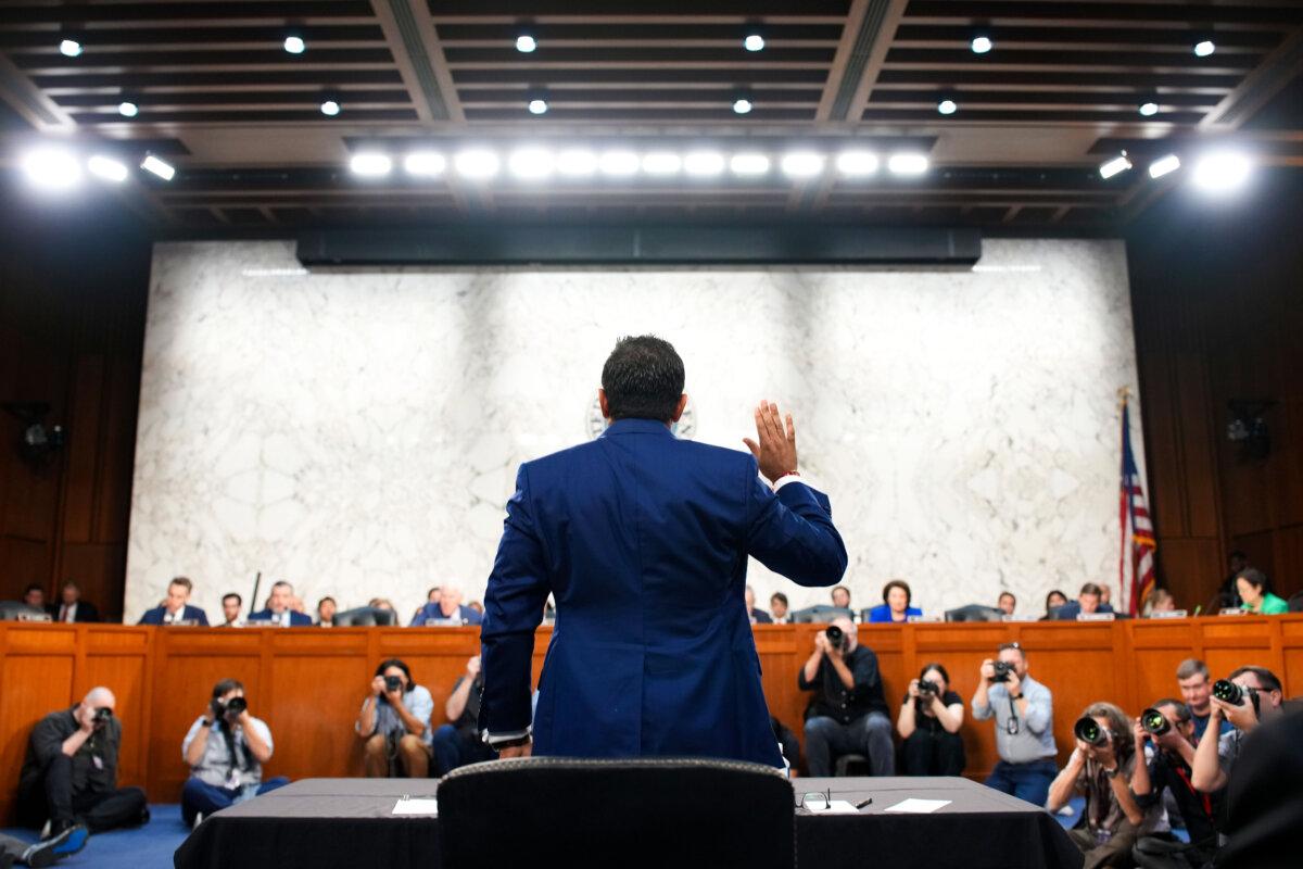 FBI Director Kash Patel is sworn in to testify before the Senate Judiciary Committee in the Hart Senate Office Building on Capitol Hill in Washington on Sept. 16, 2025. (Andrew Harnik/Getty Images)
