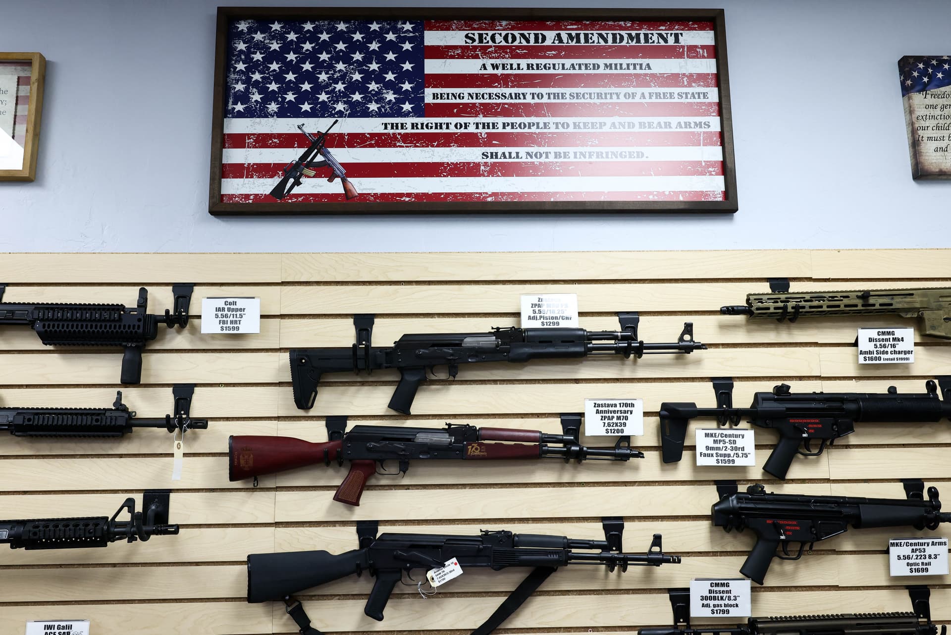 The second amendment is spelled on a U.S. flag in a gun store in Rio Rico, Santa Cruz County, Ariz., on Sept. 17, 2025. (Charly Triballeau/AFP via Getty Images)