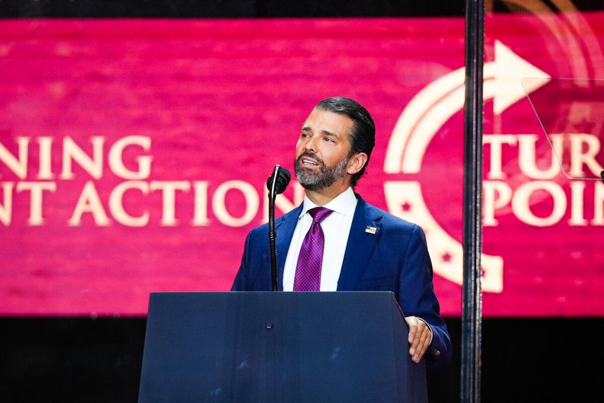 Donald Trump Jr. speaks at the Building a Legacy: Remembering Charlie Kirk Memorial event at the State Farm Stadium in Glendale, Ariz., on Sept. 21, 2025. (Madalina Kilroy/The Epoch Times)