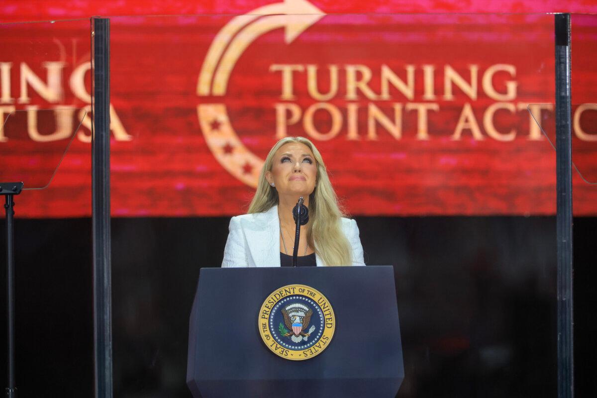 Erika Kirk speaks during the memorial service for her husband, conservative commentator Charlie Kirk, at State Farm Stadium in Glendale, Ariz., on Sep. 21, 2025. (Joe Raedle/Getty Images)