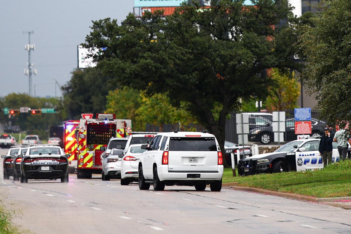 Law enforcement and emergency personnel respond near the scene of a fatal shooting at an Immigration and Customs Enforcement detention facility in Dallas on Sept. 24, 2025. (Aric Becker/AFP via Getty Images)