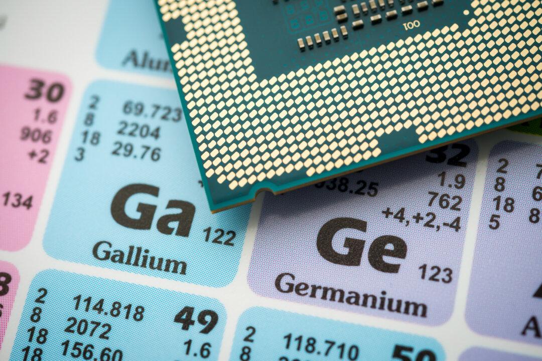 Germanium (Ge) and gallium (Ga) are shown on the periodic table alongside a CPU processor. In 2023, China restricted exports of gallium, germanium, and graphite to the United States—elements critical for semiconductors, solar power, and defense technologies. In April, China expanded the restrictions to include gadolinium, dysprosium, lutetium, samarium, scandium, terbium, and yttrium. (Pla2na via Getty Images)