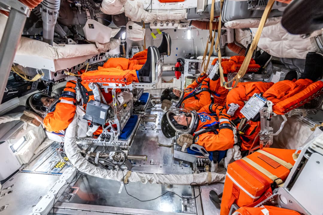 Artemis II crew members Reid Wiseman, Victor Glover, Christina Koch, and Jeremy Hansen take part in a training at the Space Vehicle Mockup Facility at Johnson Space Center in Houston on Jan. 30, 2025. As soon as 6:24 p.m. on April 1, the three Americans and one Canadian could launch on the first crewed mission around the moon in more than 50 years. (Mark Sowa/NASA)