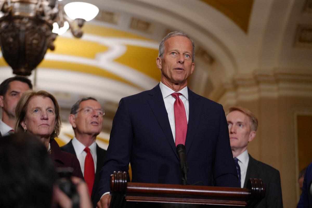 Senate Majority Leader John Thune (R-S.D.), joined by other Senate Republicans, speaks to reporters as the government is on verge of shutdown amid partisan standoff, on Capitol Hill in Washington on Sept. 30, 2025. (Madalina Kilroy/The Epoch Times)