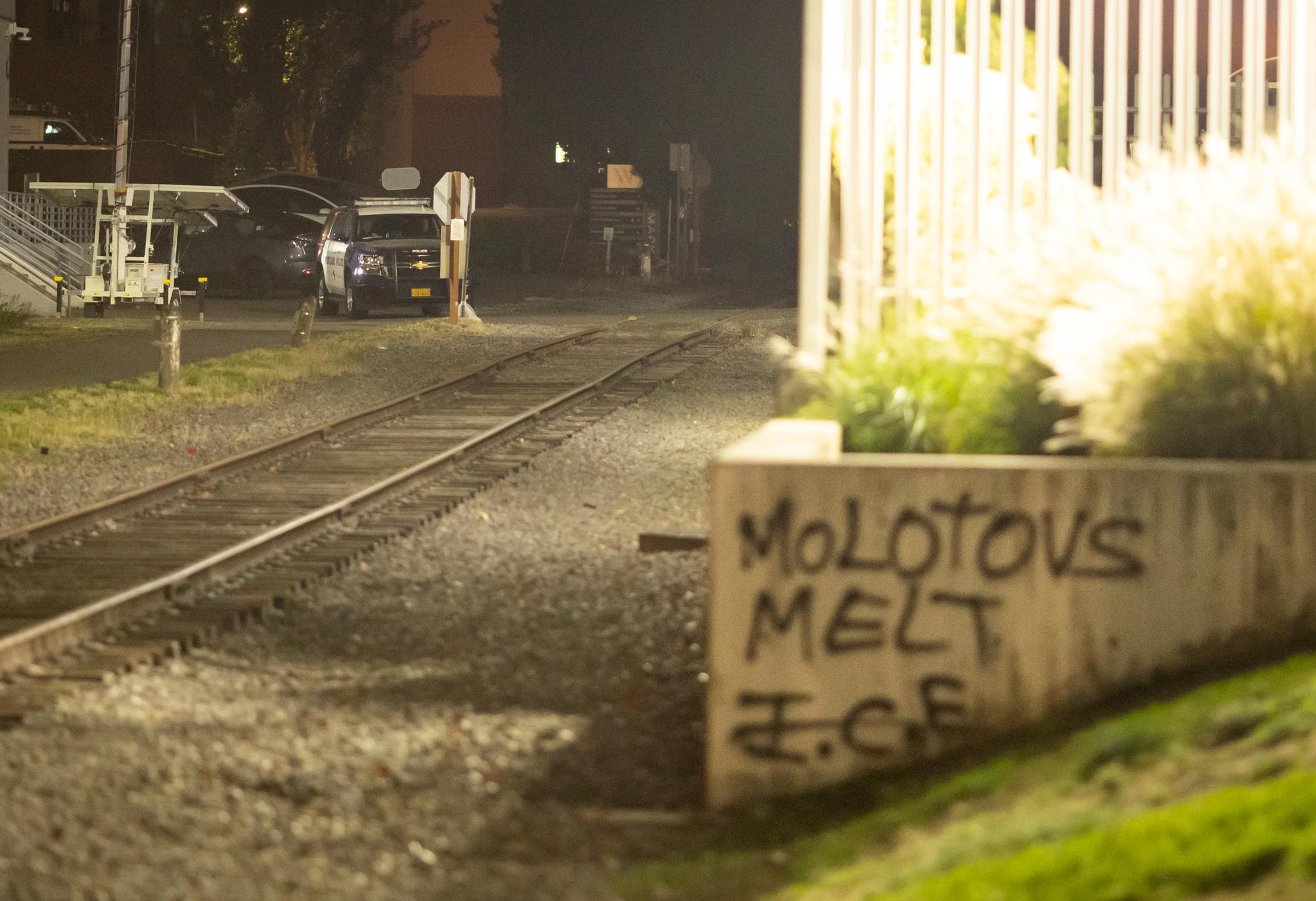 Portland police monitor the scene at Immigration and Customs Enforcement offices in Portland, Ore., on Oct. 3, 2025. (John Fredricks/The Epoch Times)