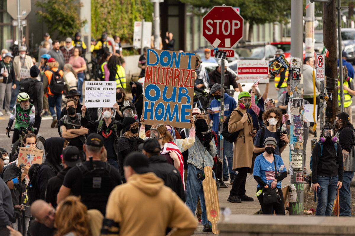 Crowds of protesters at Immigration and Customs Enforcement offices in Portland, Ore., on Oct. 4, 2025. (John Fredricks/The Epoch Times)