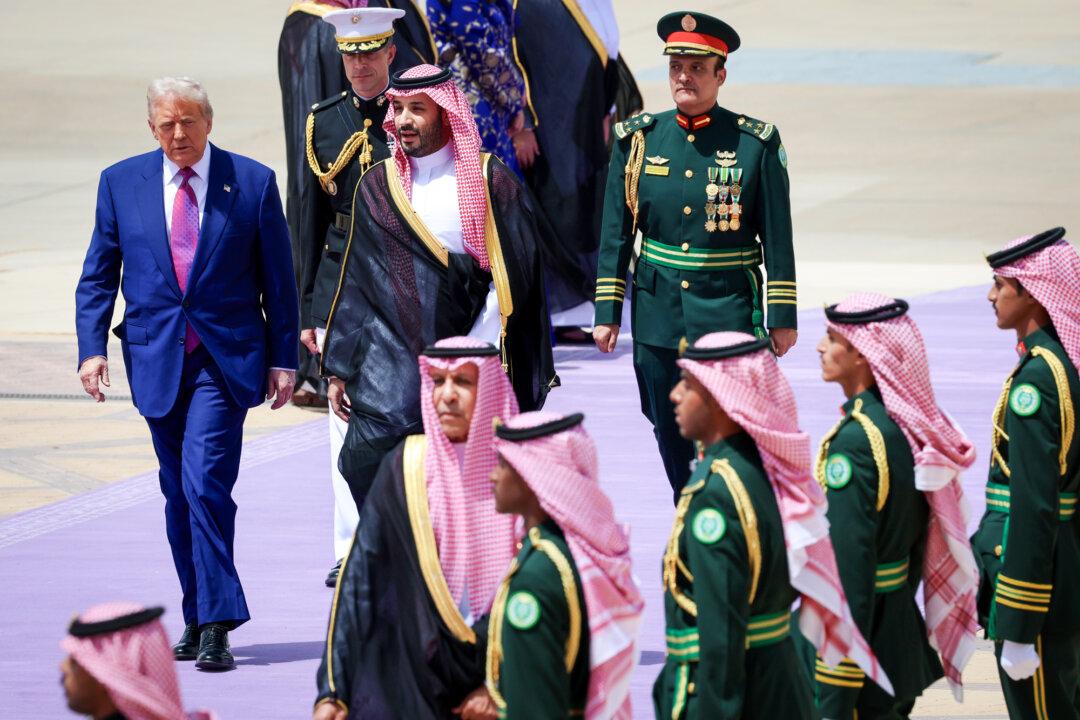 President Donald Trump is greeted by Saudi Crown Prince Mohammed bin Salman as he arrives at King Khalid International Airport in Riyadh, Saudi Arabia, on May 13, 2025. Trump begins a multi-nation tour of the Gulf region focused on expanding economic ties and reinforcing security cooperation with key U.S. allies. (Win McNamee/Getty Images)