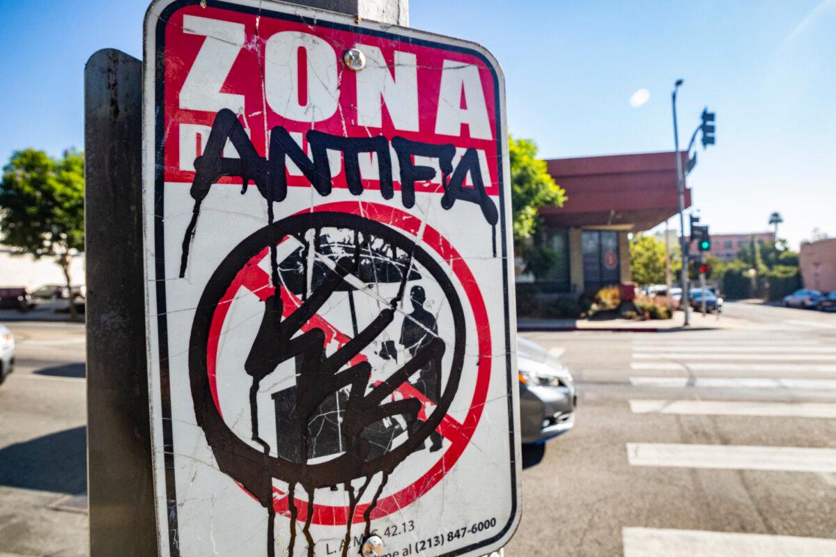 An Antifa tagging in Los Angeles on Oct. 20, 2021. (John Fredricks/The Epoch Times)