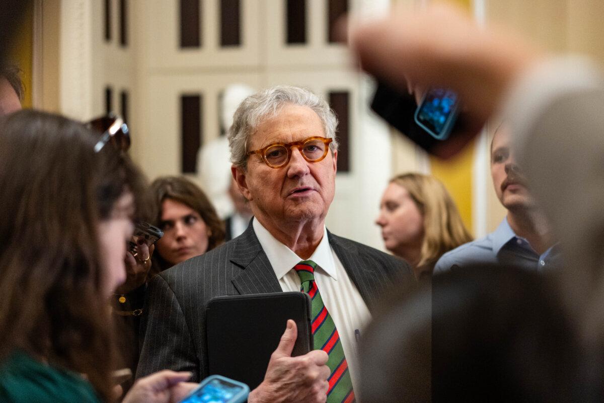Sen. John Kennedy (R-La.) speaks to reporters on Capitol Hill in Washington on Oct. 15, 2025. (Madalina Kilroy/The Epoch Times)