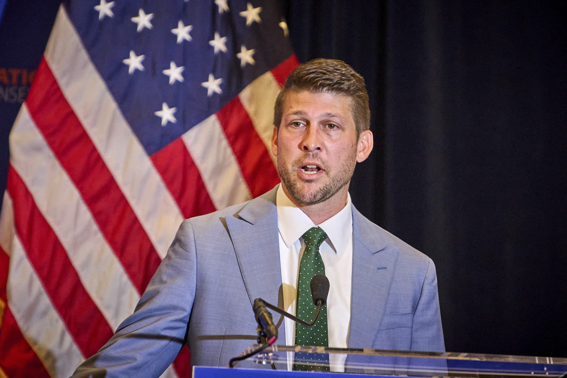 James Uthmeier speaks at the National Conservatism Conference in Washington on Sept. 3, 2025. (Dominic Gwinn/Middle East Images/AFP via Getty Images)