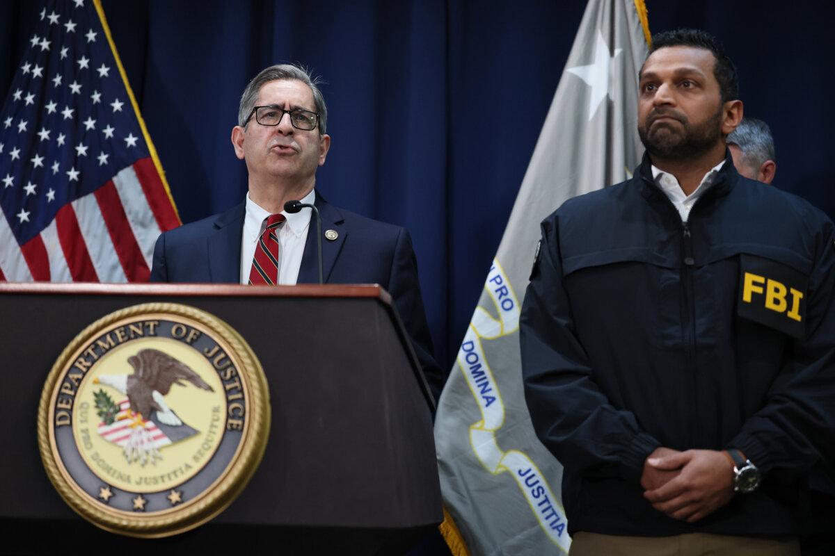 U.S. Attorney Joseph Nocella Jr. (L) and FBI Director Kash Patel (R) during a briefing in New York City on Oct. 23, 2025. (Michael M. Santiago/Getty Images)