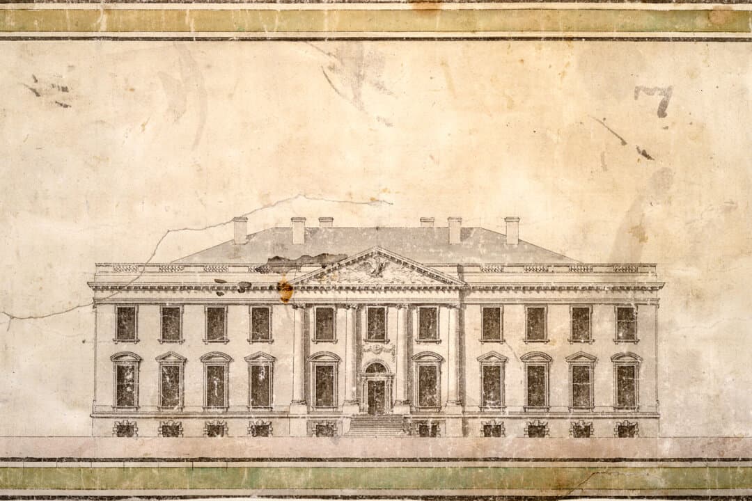 A progress drawing of the north elevation of the White House by Irish American architect James Hoban, circa 1793, created after he won the design competition. President John Adams later became the first to live in what would be known as the White House. (Courtesy of the Maryland Historical Society)