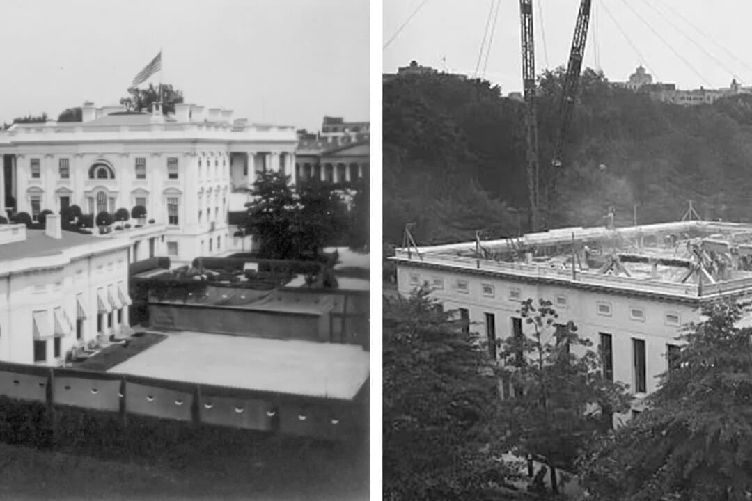 (Top Left) President Calvin Coolidge oversees renovations at the White House in 1927. (Top Right) President Herbert Hoover examining the fire ruins of the West Wing of the White House on Jan. 15, 1930. (Bottom Left) The West Wing and tennis court of the White House in 1903. (Bottom Right) Construction of the West Wing expansion in 1934. (Library of Congress, Harris & Ewing/Public Domain, White House)