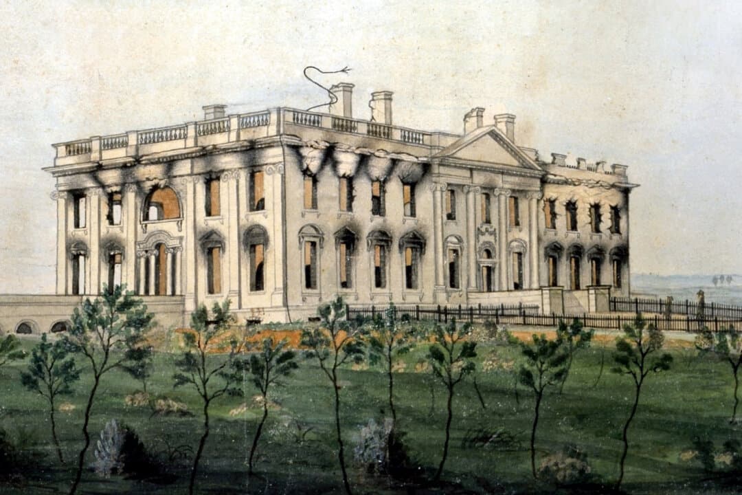 The burned shell of the White House, depicted in the painting