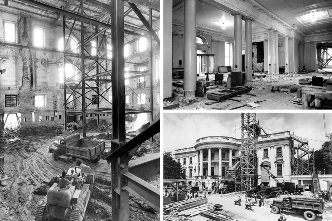 (Left) A steel structure built within the White House's exterior shell, during the Truman administration between 1949 and 1952. (Top Right) The White House lobby under renovation on Dec. 27, 1949. (Bottom Right) The White House's southern facade under construction in 1950. (Abbie Rowe/Public Domain, Harry S. Truman Library)