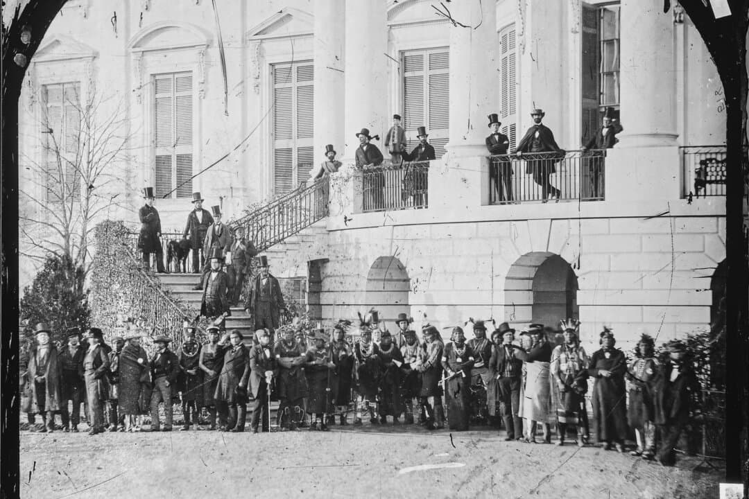 (Left) The White House in the 1860s during the Civil War. (Right) Delegation of Indians at the White House in the 1860s. By this time, the White House had become overcrowded with executive staff. (Public Domain, U.S. National Archives)