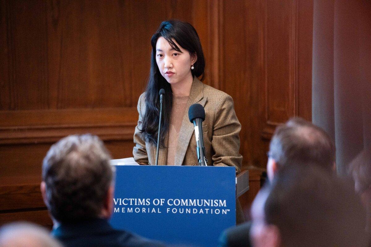 Grace Jin Drexel, daughter of founding pastor Ezra Jin of Zion Church in China, speaks during the China Forum at the Victims of Communism Memorial Foundation in Washington on Oct. 27, 2025. (Madalina Kilroy/The Epoch Times)