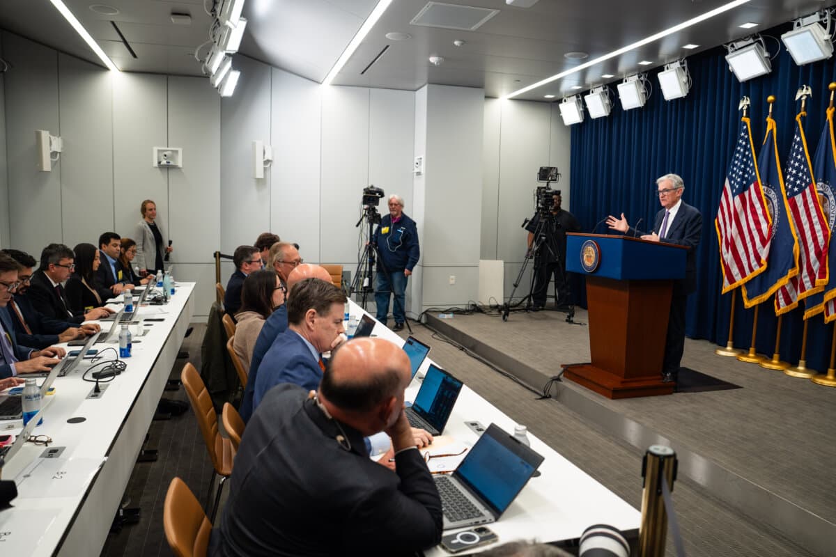 Federal Reserve Chair Jerome Powell speaks at a news conference following the Federal Open Market Committee meeting in Washington on Oct. 29, 2025. (Madalina Kilroy/The Epoch Times)
