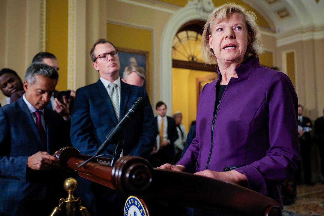 (Top L) Senate Majority Leader John Thune (R-S.D.) heads to the Senate Chamber for a vote on the 29th day of the government shutdown at the U.S. Capitol on Oct. 29, 2025. (Top R) Senate Minority Leader Chuck Schumer (D-N.Y.) arrives to speak to reporters at the U.S. Capitol on Oct. 21, 2025. (Bottom L) Sen. Tammy Baldwin (D-Wis.) talks with reporters at the U.S. Capitol on Oct. 28, 2025. (Bottom R) Sen. Tim Kaine (D-Va.) talks with reporters before voting on a resolution at the U.S. Capitol on Oct. 29, 2025. (Chip Somodevilla/Getty Images, Tasos Katopodis/Getty Images, Saul Loeb/AFP via Getty Images)