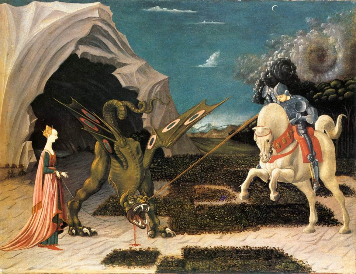 "Saint George and the Dragon," circa 1456, by Paolo Uccello. National Gallery, London. Knights' lives had a spiritual dimension, as evidenced by the story of Saint George and the Dragon. (Public Domain)