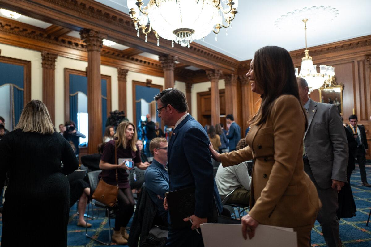 House Speaker Mike Johnson (R-La.) and Agriculture Secretary Brooke Rollins speak at a press conference during the 31st day of the government shutdown in Washington on Oct. 31, 2025. (Madalina Kilroy/The Epoch Times)