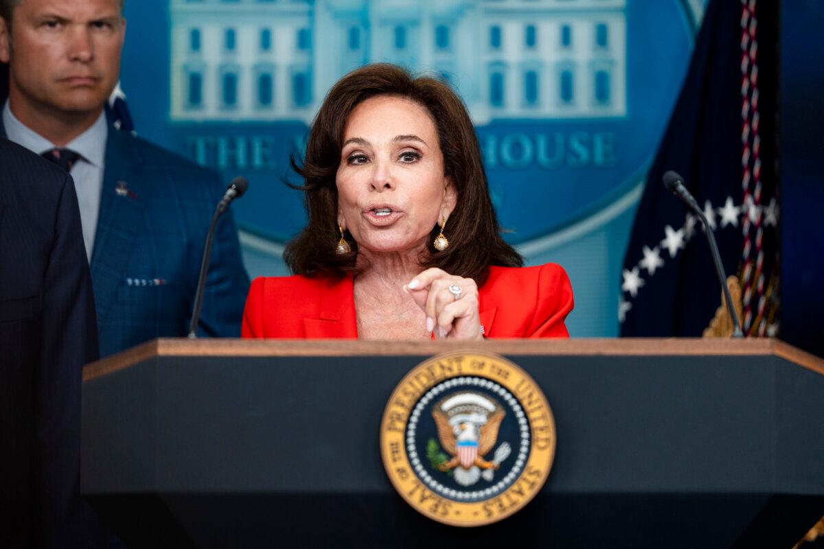 U.S. Attorney for the District of Columbia Jeanine Pirro speaks during a press briefing at the White House on Aug. 11, 2025. (Madalina Kilroy/The Epoch Times)