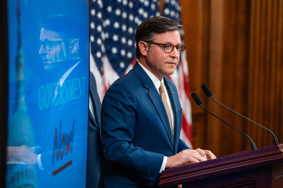 House Speaker Mike Johnson (R-La.) speaks at a press conference during the 34th day of the government shutdown in Washington on Nov. 3, 2025. (Madalina Kilroy/The Epoch Times)