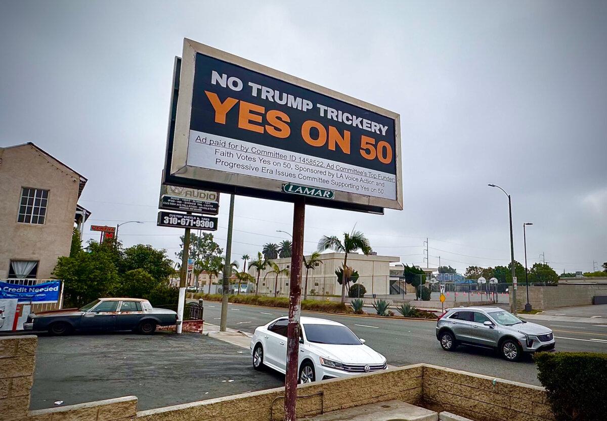 A sign for Proposition 50 is advertised in Inglewood, Calif., on Nov. 1, 2025. (John Fredricks/The Epoch Times)