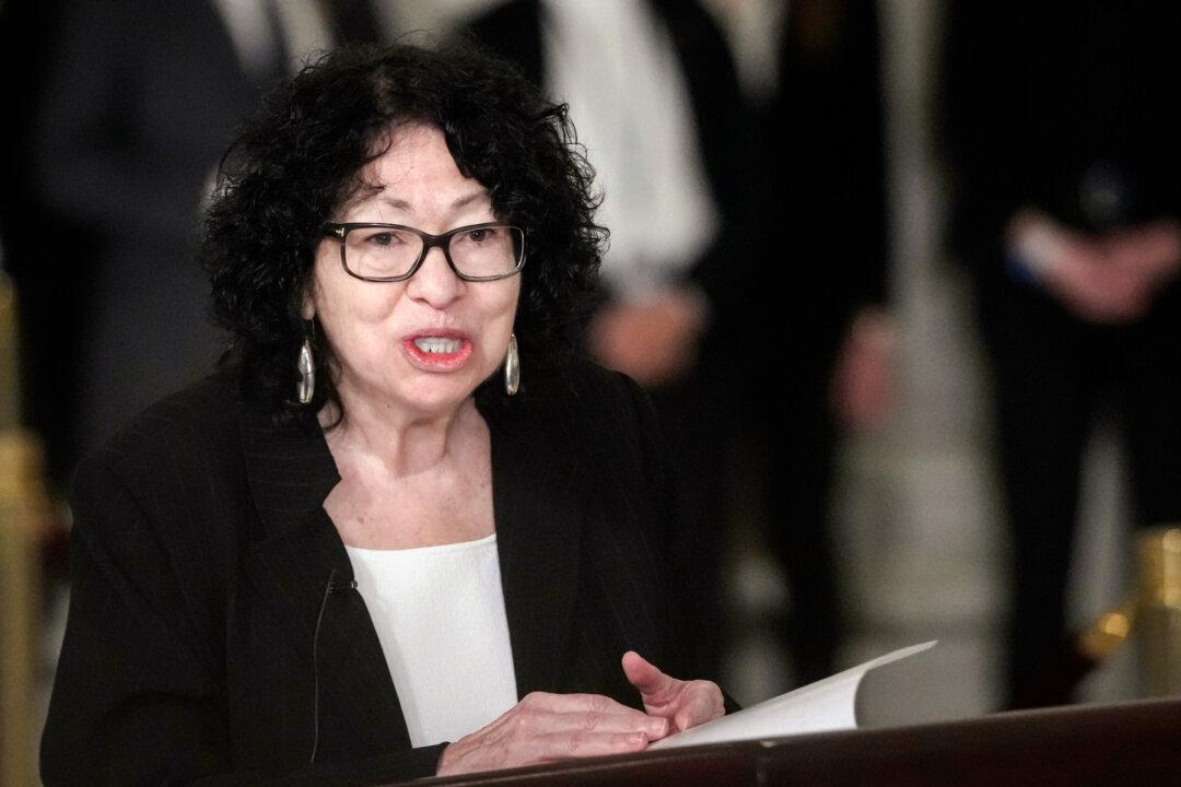 Supreme Court Justice Sonia Sotomayor speaks in the Great Hall of the Supreme Court in Washington on Dec. 18, 2023. (Jacquelyn Martin/Pool/Getty Images)
