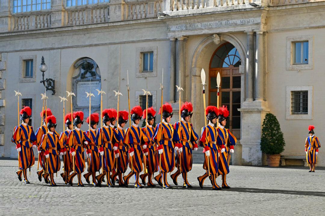 Swiss Guards take position before the arrival of Palestinian President Mahmud Abbas at San Damaso courtyard for a meeting with Pope Leo XIV in the Vatican, on Nov. 6, 2025. (Andreas Solaro/AFP via Getty Images)