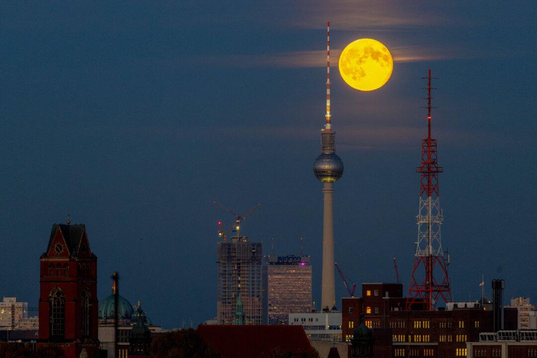 November's full moon, also called the Beaver Moon, rises behind the landmark TV tower on Berlin's Alexanderplatz, Germany, on Nov. 6, 2025. (Odd Andersen/AFP via Getty Images)