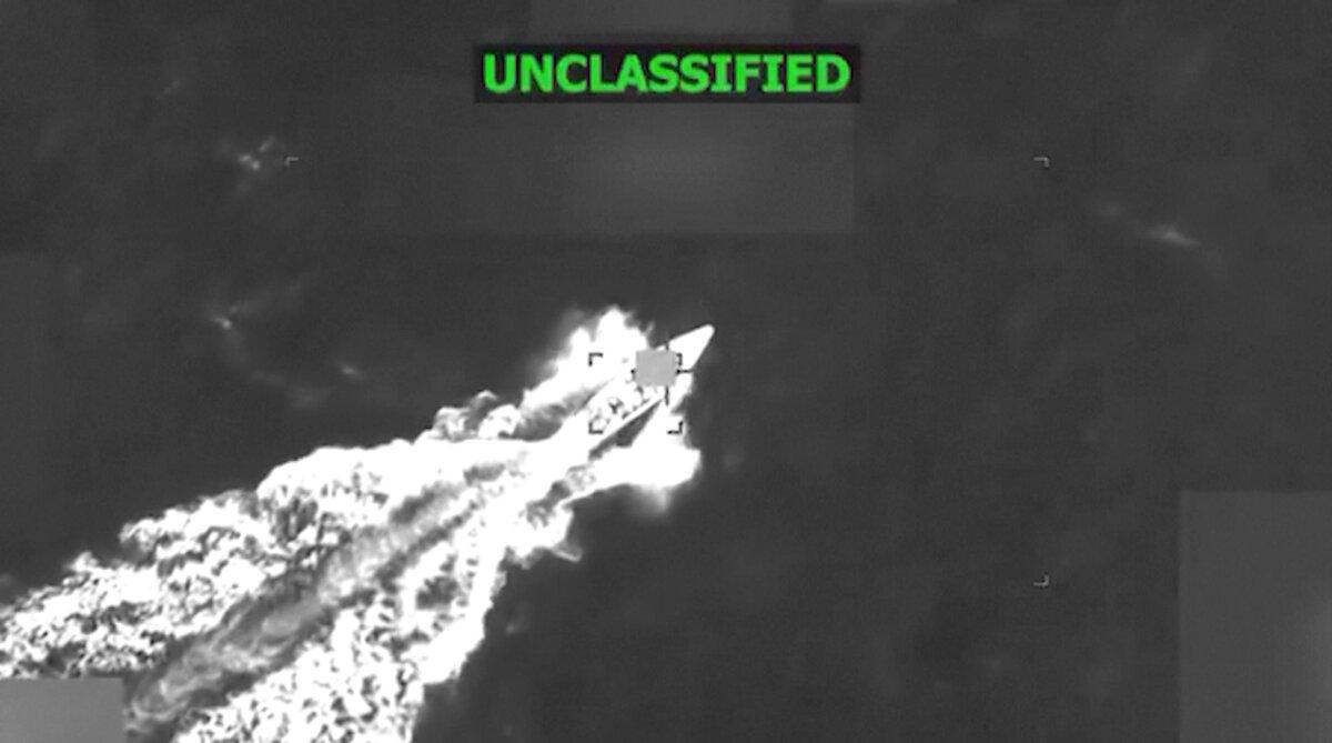 A still from footage of a strike on an alleged drug boat in the Caribbean on Nov. 6, 2025. (@SecWar/X)