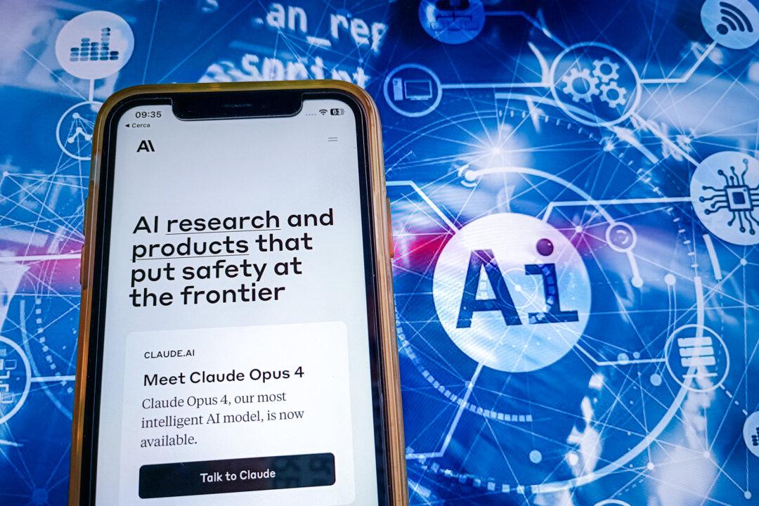 An illustration of Anthropic, an American AI company, on Aug. 1, 2025. Michal Prywata warns that published AI-fabricated data can train new models, creating a misinformation feedback loop. (Riccardo Milani/Hans Lucas/AFP via Getty Images)