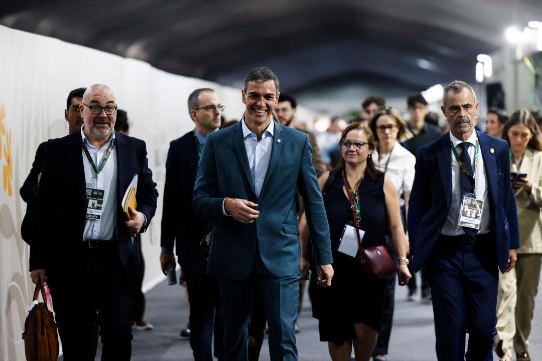 President of Spain Pedro Sanchez arrives for a press conference during the Belem Climate Summit as part of the COP30 Brazil Amazonia 2025 in Belem, Brazil, on Nov. 7, 2025. The gathering of world leaders and other representatives of international organizations will take place Nov. 10–21 to discuss climate issues. (Wagner Meier/Getty Images)