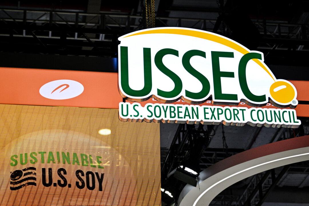 The U.S. Soybean Export Council booth at the eighth China International Import Expo in Shanghai on Nov. 5, 2025. China stated on Nov. 5 that it would extend for one year its suspension of additional tariffs on U.S. goods, formalizing an agreement reached the previous week between U.S. President Donald Trump and Chinese leader Xi Jinping. (Hector Retamal/AFP via Getty Images)