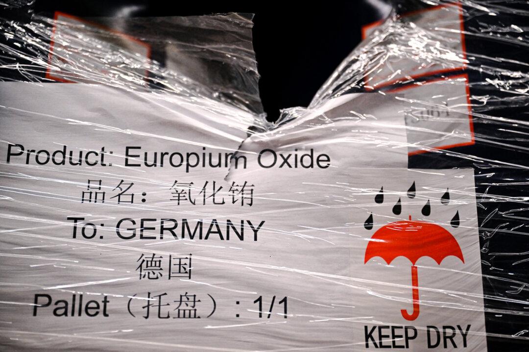 A container of europium oxide imported from China sits in the storage room of Tradium, a rare-earths trading firm, in Frankfurt, Germany, on Nov. 4, 2025. Decades of market manipulation, state backing, and aggressive investment have made China the world’s dominant supplier of rare-earth elements. (Kirill Kudryavtsev/AFP via Getty Images)