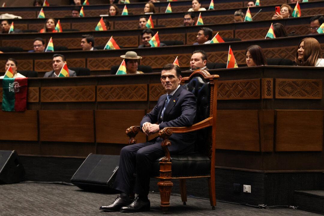Bolivia’s incoming President Rodrigo Paz sits before being sworn in during his inauguration ceremony at the National Assembly in La Paz, Bolivia, on Nov. 8, 2025. (Luis Gandarillas/POOL/AFP via Getty Images)