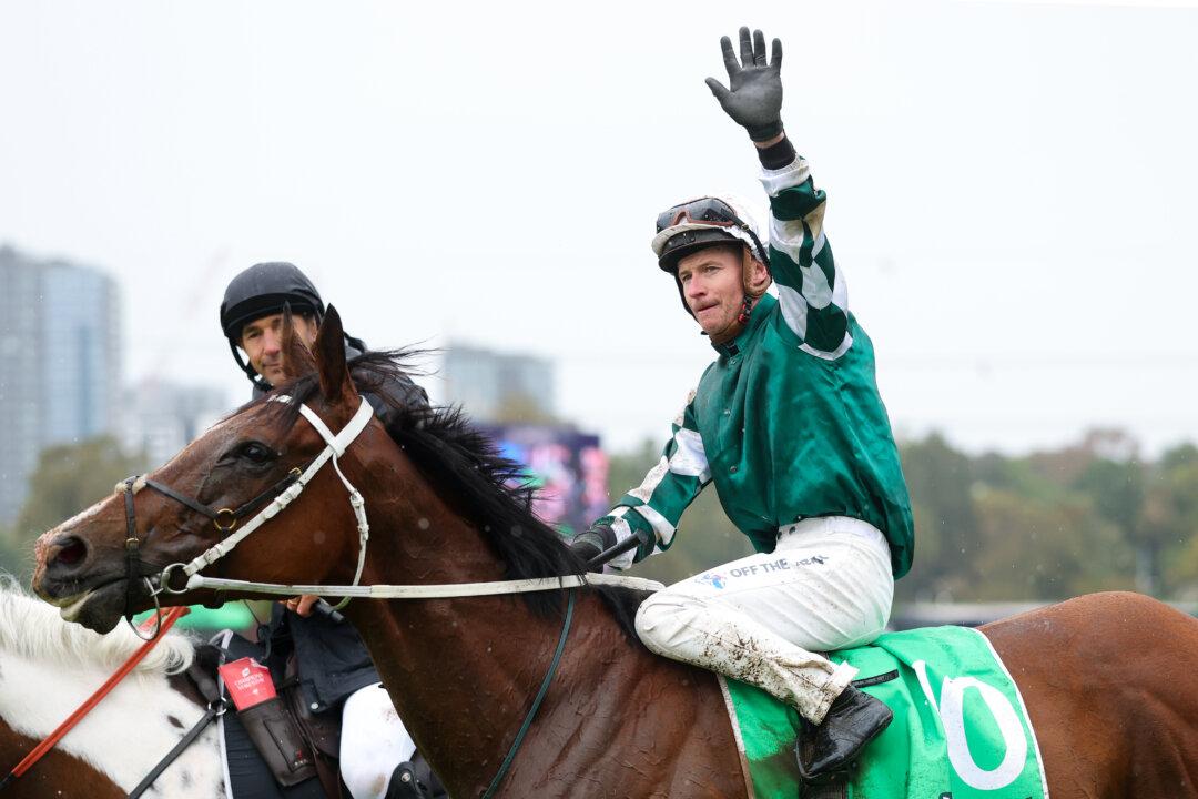 James McDonald riding #10 Via Sistina celebrates after winning race eight in the TAB Champions Stakes during Champions Day at Flemington Racecourse in Melbourne, Australia, on Nov. 8, 2025. (Robert Cianflone/Getty Images)