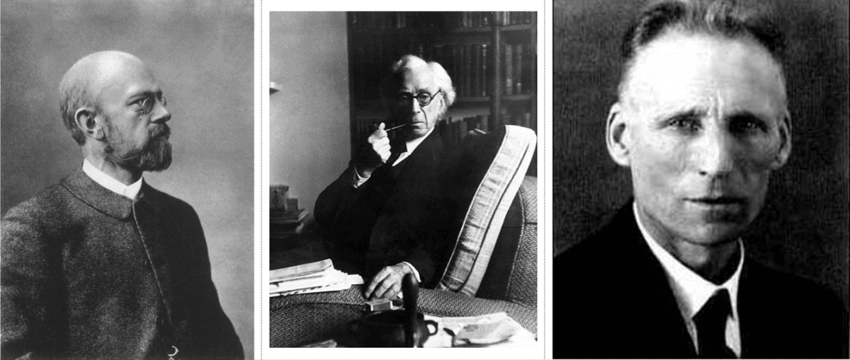 (L–R) David Hilbert in 1907, Bertrand Russell in 1954, and L.E.J. Brouwer, undated. (Public Domain)