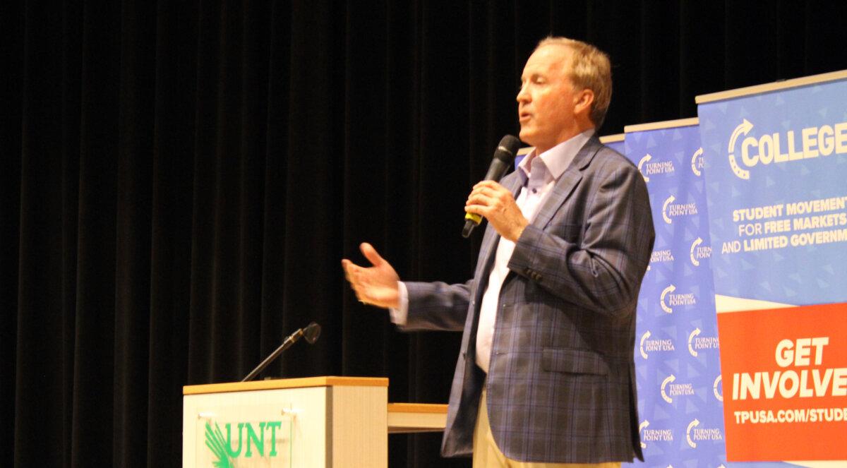 Texas Attorney General Ken Paxton speaks to students at the University of North Texas in Denton, Texas, on Nov. 10, 2025. (Michael Clements/The Epoch Times)