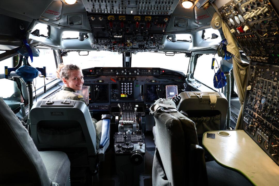 A NATO pilot sits in the cockpit of an E-3A AWACS (Airborne Warning and Control System) airplane while NATO Secretary General Mark Rutte visits the NATO Geilenkirchen Air Base in Geilenkirchen, Germany, on Nov. 13, 2025. (Andreas Rentz/Getty Images)