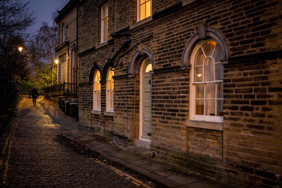 Homes at dusk in the World Heritage village of Saltaire in Bradford, UK, on Nov. 13, 2025. (Christopher Furlong/Getty Images)