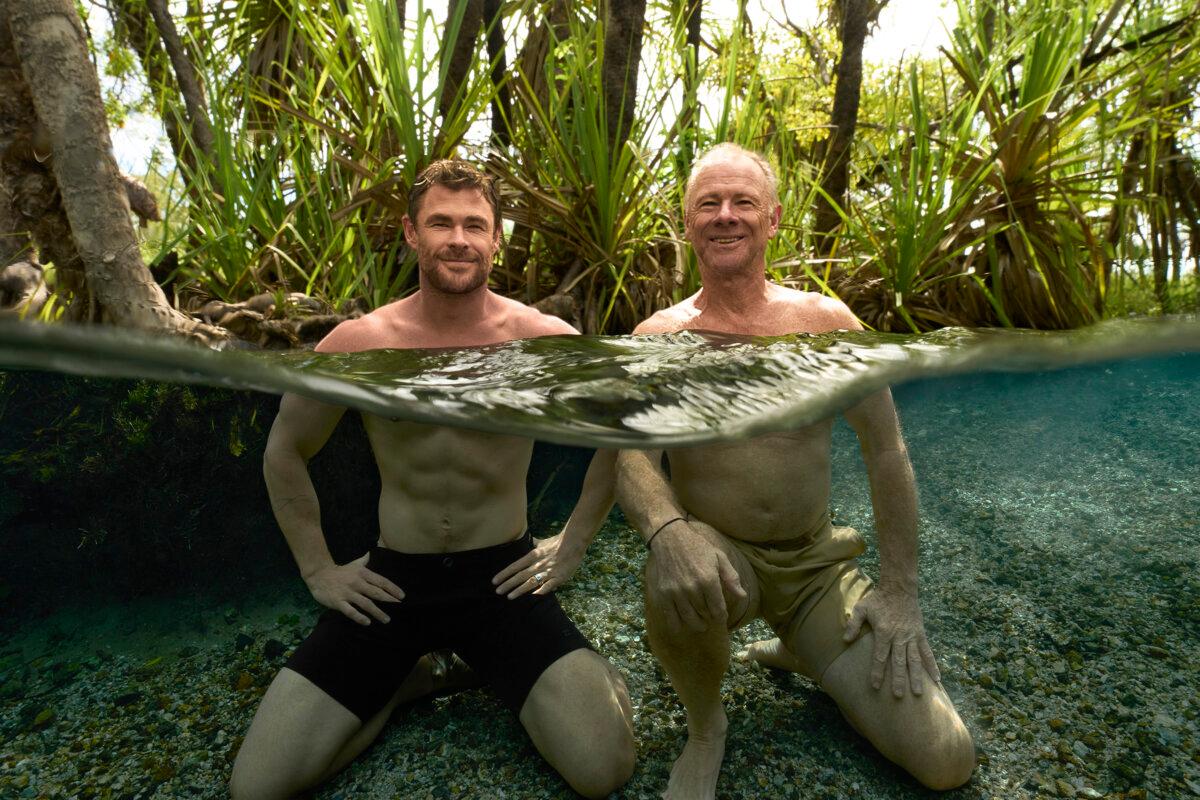 Chris Hemsworth and his father Craig at a blessing in Bulman. (Courtesy of National Geographic/Craig Parry)