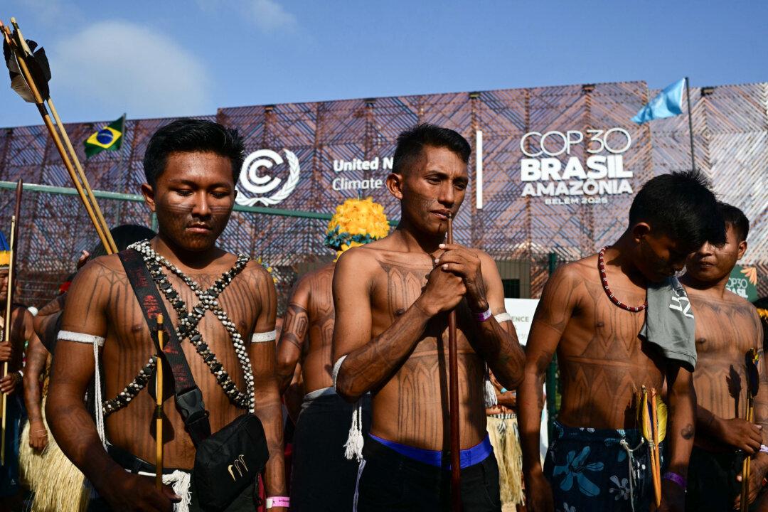 Indigenous Munduruku members of the Ipereg Ayu movement protest outside the COP30 venue calling for stronger environmental protection in Belém, Brazil, on Nov. 14, 2025. (Pablo Porciuncula/AFP via Getty Images)