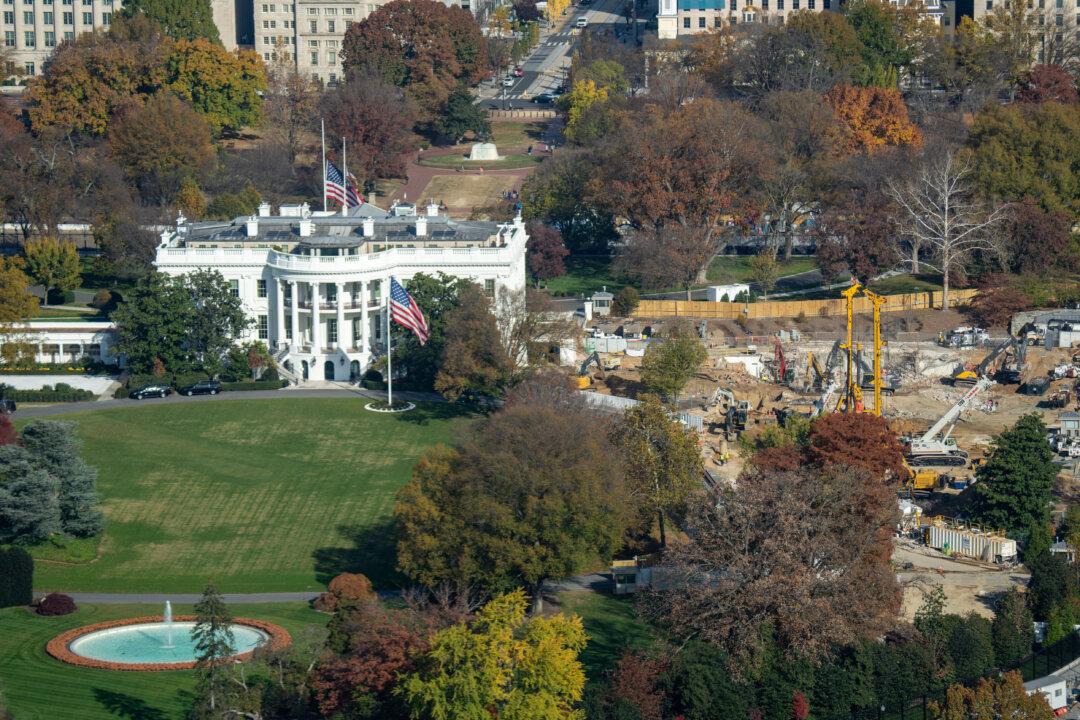 Demolition work continues on the White House East Wing ahead of new ballroom construction, seen from the reopened Washington Monument in Washington on Nov. 14, 2025. (Andrew Leyden/Getty Images)