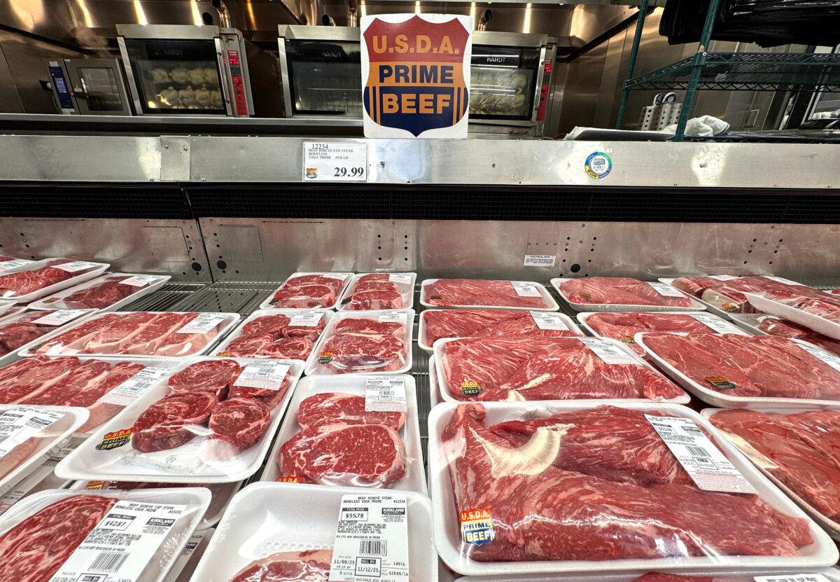 USDA prime beef is displayed at a Costco store in Novato, Calif., on Nov. 11, 2025. (Justin Sullivan/Getty Images)