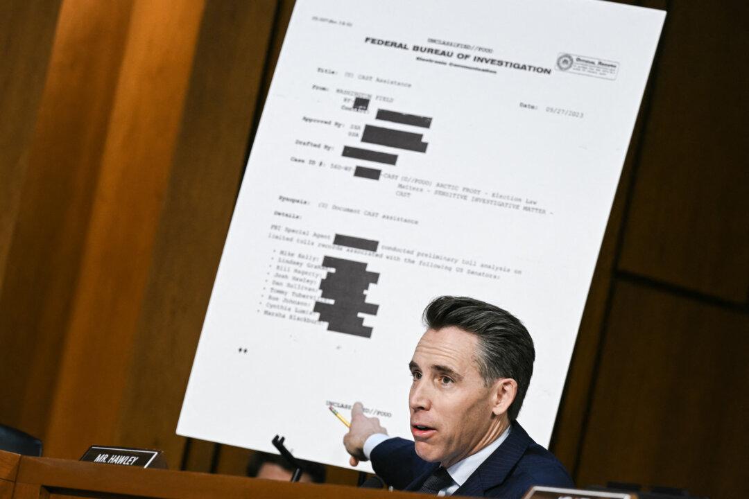 Sen. Josh Hawley (R-Mo.) speaks about the FBI’s “Arctic Frost” investigation—an alleged precursor to former Special Counsel Jack Smith’s probe into efforts to challenge the 2020 election results—during a Senate Judiciary Committee hearing on Capitol Hill in Washington on Oct. 7, 2025. (Brendan Smialowski/AFP via Getty Images)