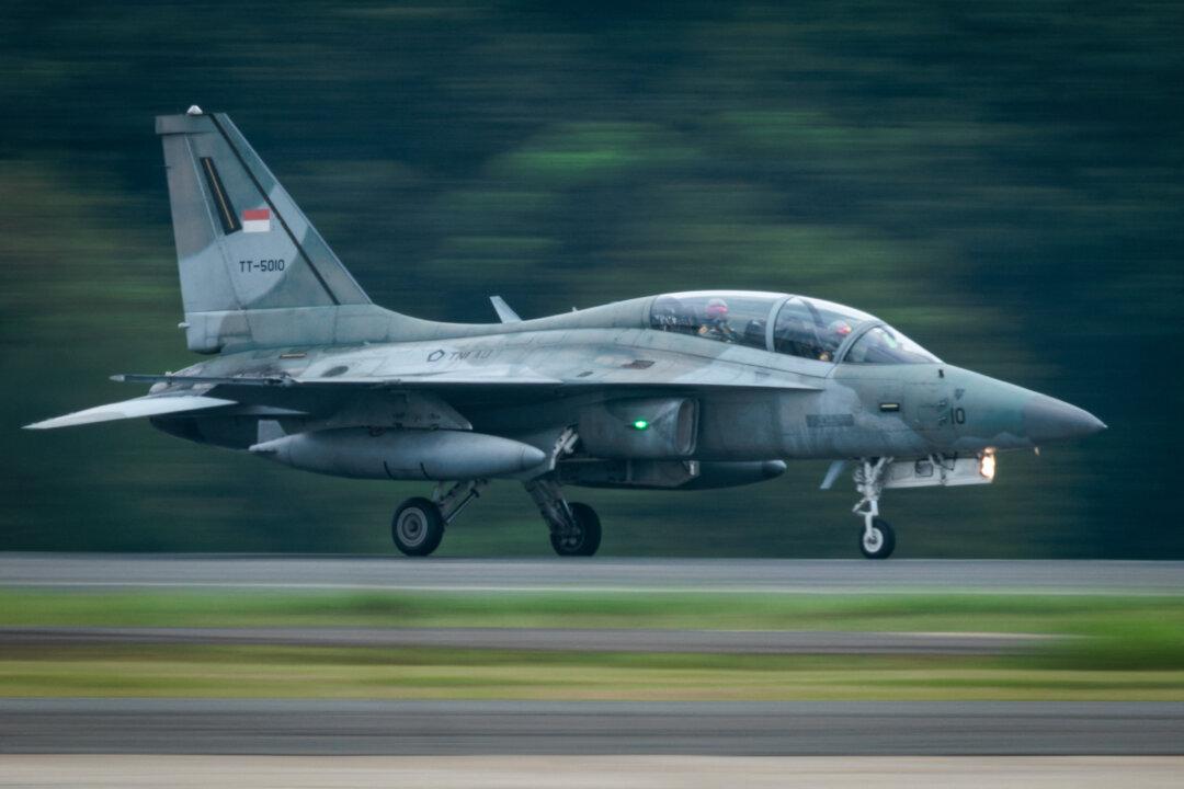 An Indonesian Air Force T-50i Golden Eagle jet accelerates on the runway for takeoff at Halim Perdanakusuma Air Force Base in Jakarta, on Nov. 15, 2025. (Yasuyoshi Chiba/AFP via Getty Images)