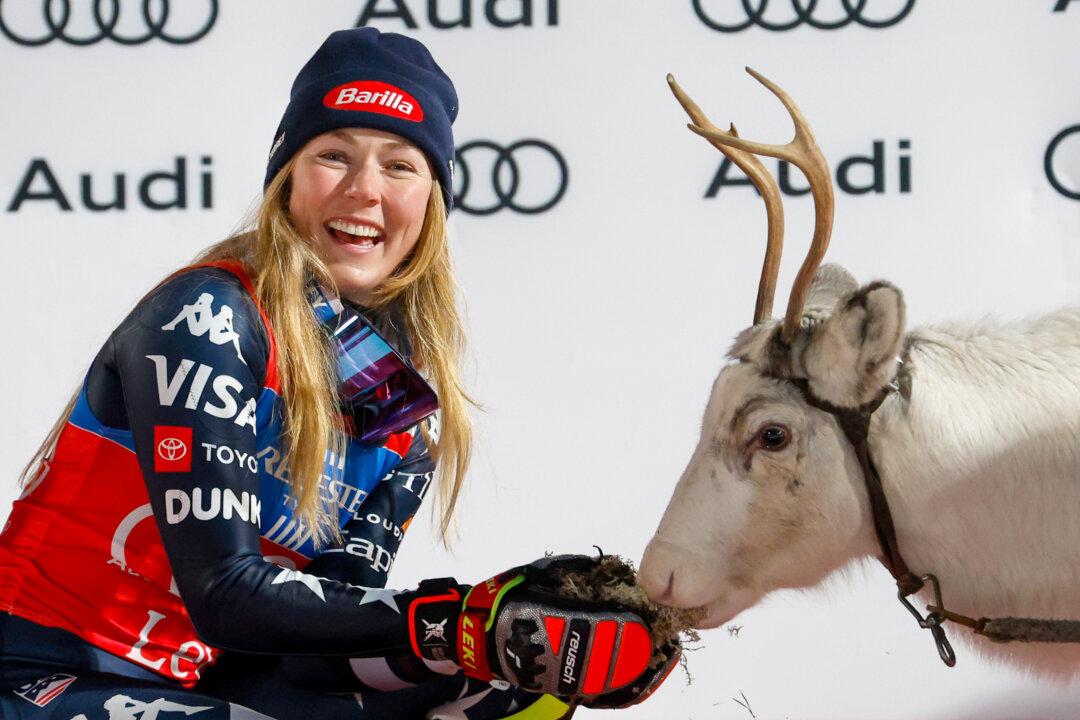 Mikaela Shiffrin of Team United States takes 1st place and won a reindeer during the Audi FIS Alpine Ski World Cup Women's Slalom in Levi, Finland, on Nov. 15, 2025. (Christophe Pallot/Agence Zoom/Getty Images)